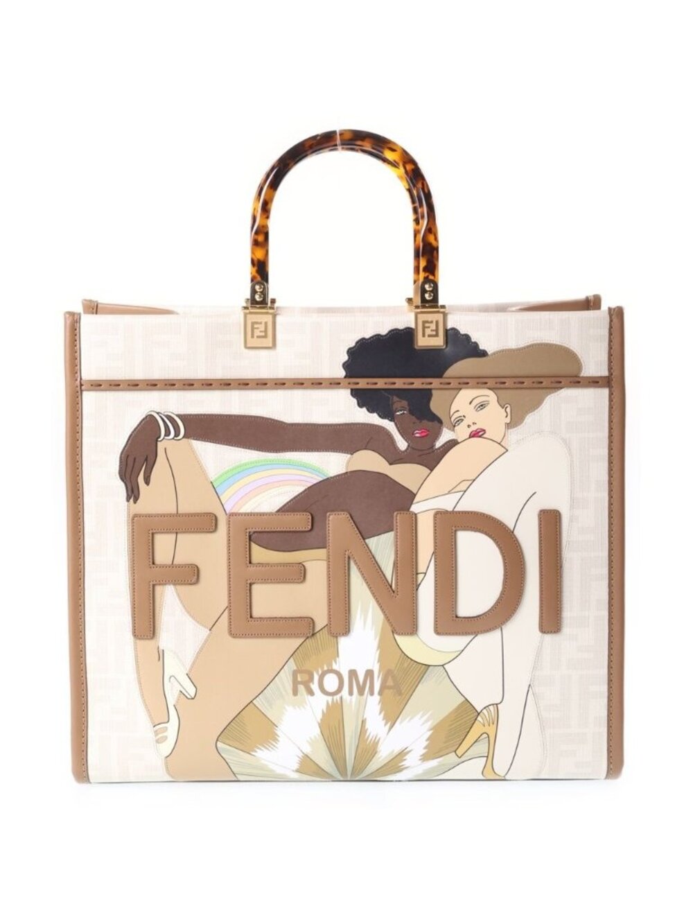Fendi Sunshine 2-Way Tote Bikini Girls Ivory Brown Leather